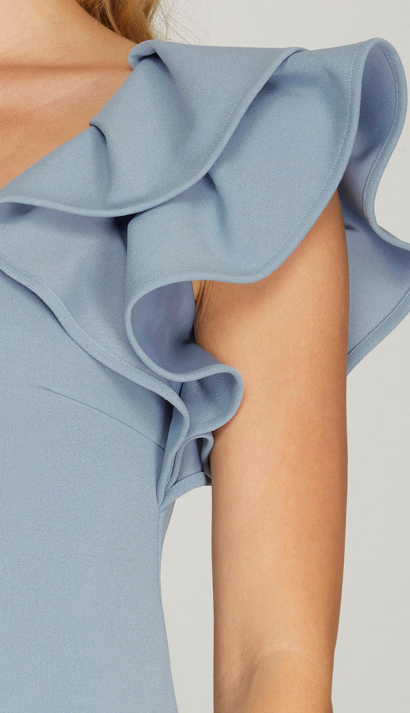 Gracing You Ruffle Square Neck Dress- Blue Grey
