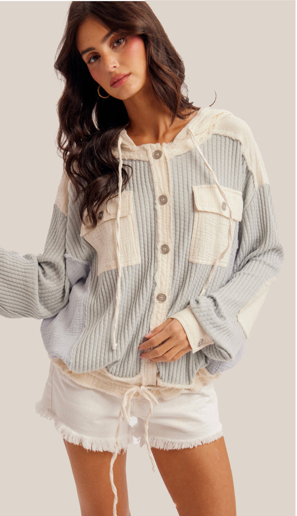 Everyday Ease Waffle Hoodie Top- Dusty Blue