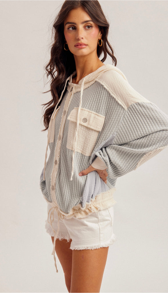 Everyday Ease Waffle Hoodie Top- Dusty Blue