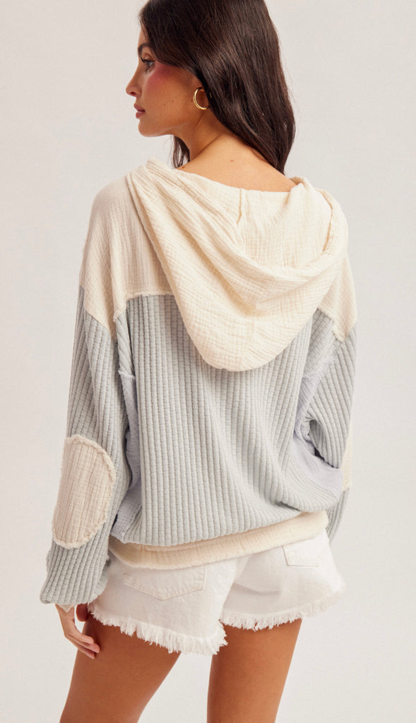 Everyday Ease Waffle Hoodie Top- Dusty Blue
