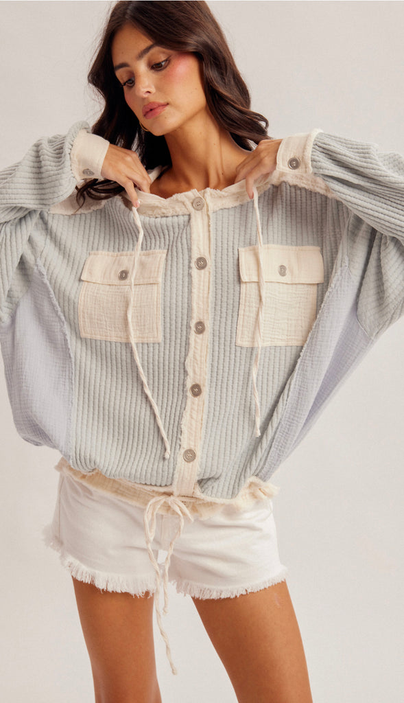 Everyday Ease Waffle Hoodie Top- Dusty Blue