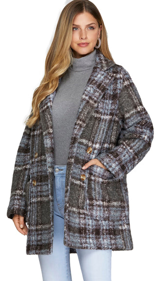 Way To Winter Double Breasted Plaid Jacket- Blue/Brown