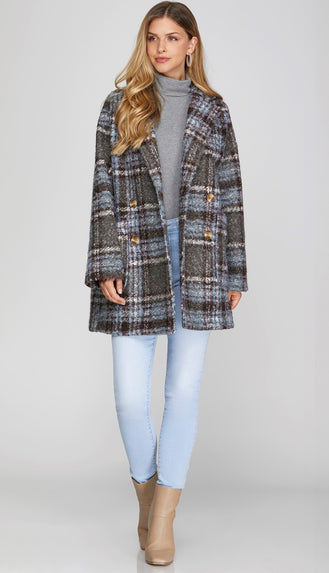 Way To Winter Double Breasted Plaid Jacket- Blue/Brown