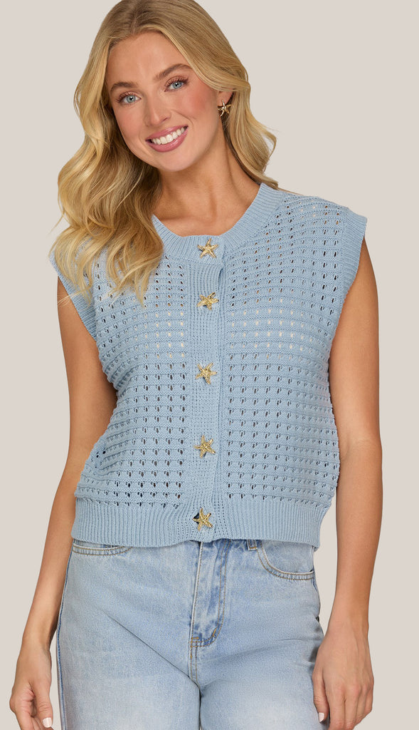 Shell Button Down Knit Sweater- Lt. Blue