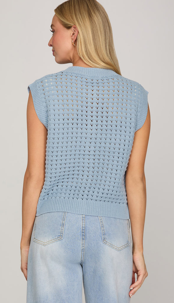 Shell Button Down Knit Sweater- Lt. Blue