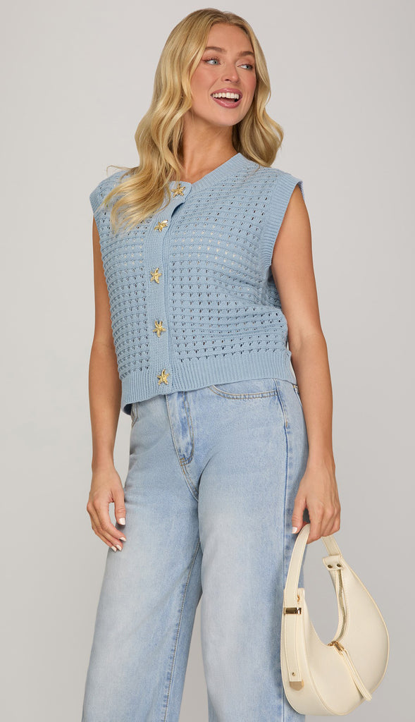 Shell Button Down Knit Sweater- Lt. Blue