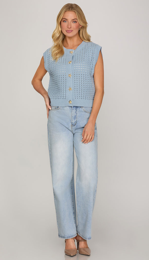 Shell Button Down Knit Sweater- Lt. Blue