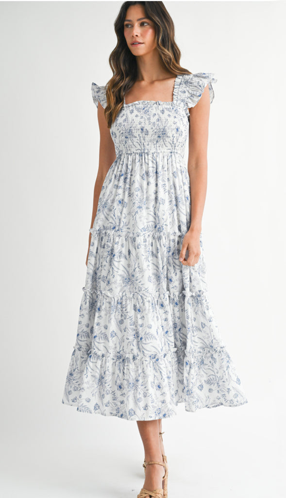 Macey Floral Bodice Tiered Maxi Dress- Blue