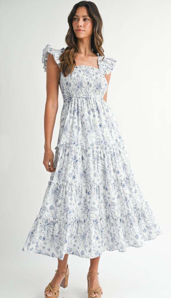 Macey Floral Bodice Tiered Maxi Dress- Blue