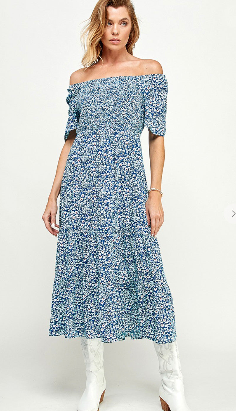 Dahlia Floral Square Neck Smocked Midi Dress- Blue Dahlia Floral Square Neck Smocked Midi Dress- Blue