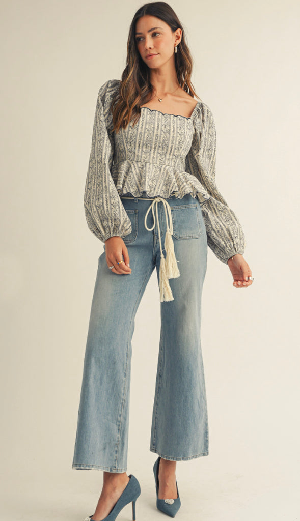 Hadley Floral Wave Embroidered Sleeve Blouse- Dream Blue