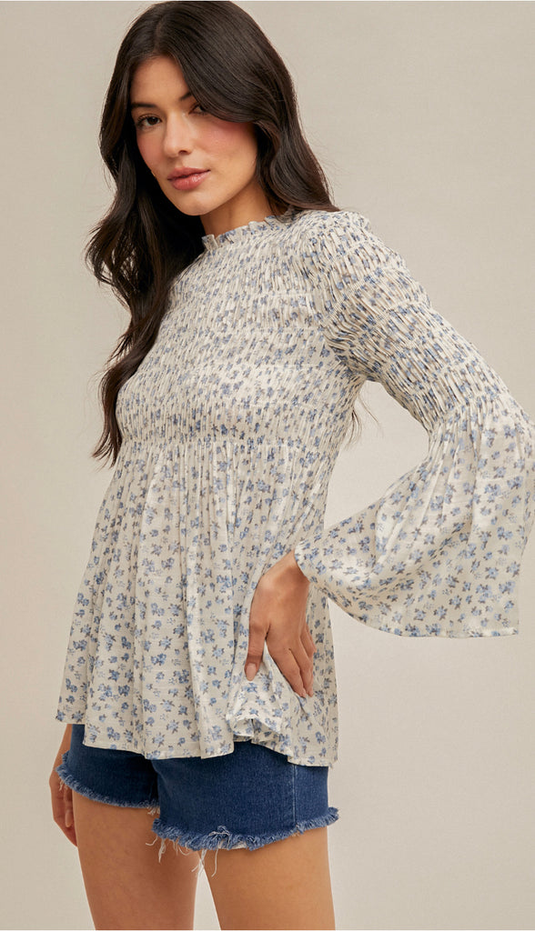Halle Smocked Floral Print Top- White/Blue