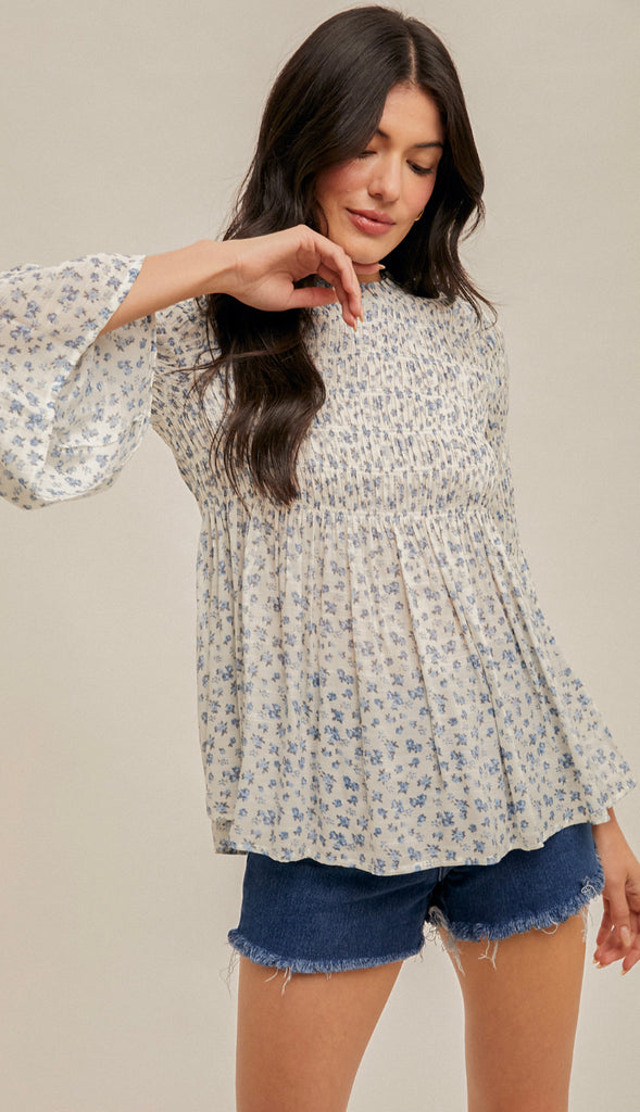 Halle Smocked Floral Print Top- White/Blue
