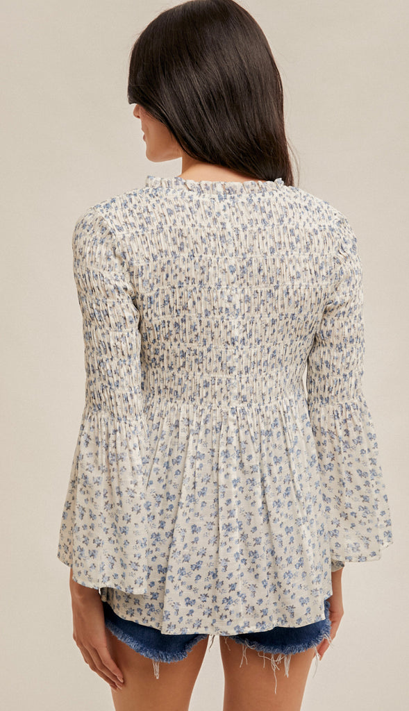 Halle Smocked Floral Print Top- White/Blue