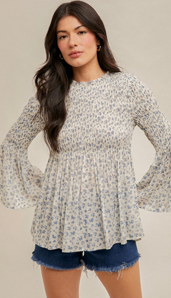 Halle Smocked Floral Print Top- White/Blue