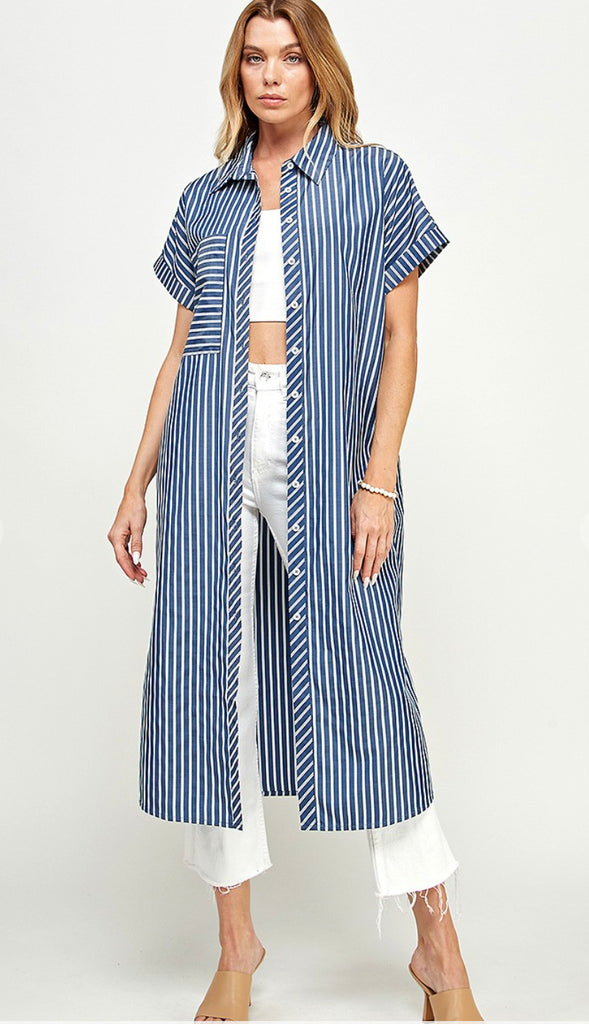 Claire Stripe Button Down Midi Dress- Navy