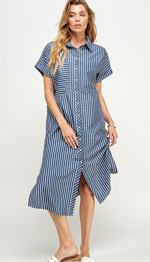 Claire Stripe Button Down Midi Dress- Navy