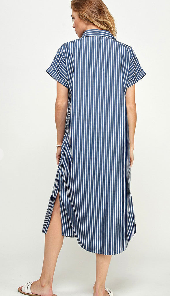 Claire Stripe Button Down Midi Dress- Navy