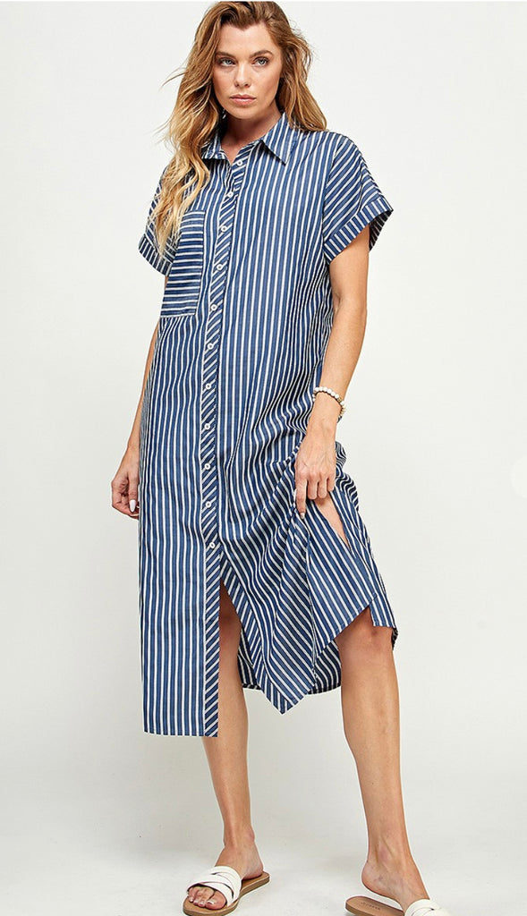 Claire Stripe Button Down Midi Dress- Navy