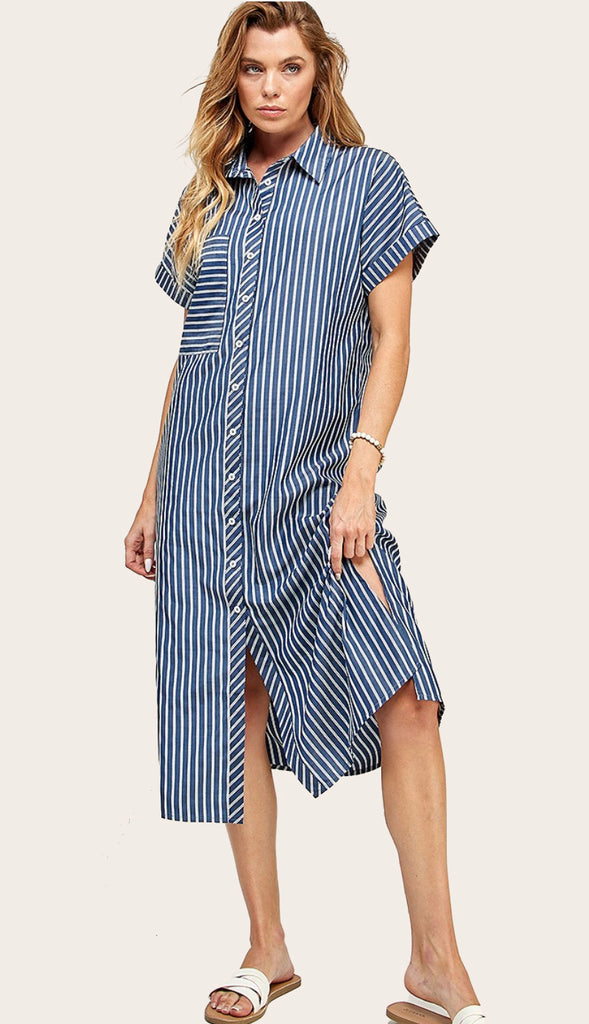 Claire Stripe Button Down Midi Dress- Navy
