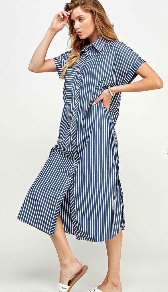 Claire Stripe Button Down Midi Dress- Navy