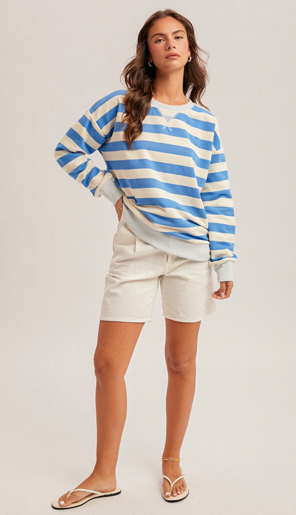 Waters So Blue Oversized Stripe Sweatshirt- Ocean Blue