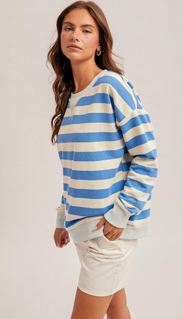 Waters So Blue Oversized Stripe Sweatshirt- Ocean Blue