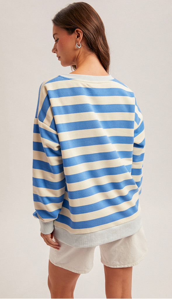 Waters So Blue Oversized Stripe Sweatshirt- Ocean Blue
