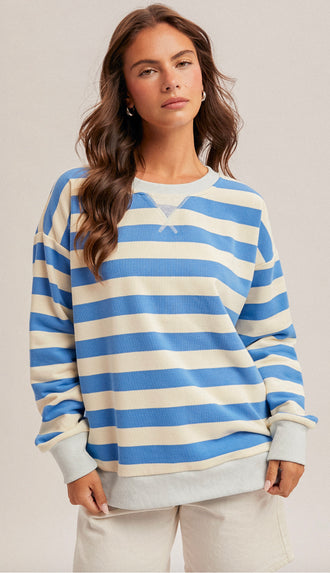 Waters So Blue Oversized Stripe Sweatshirt- Ocean Blue