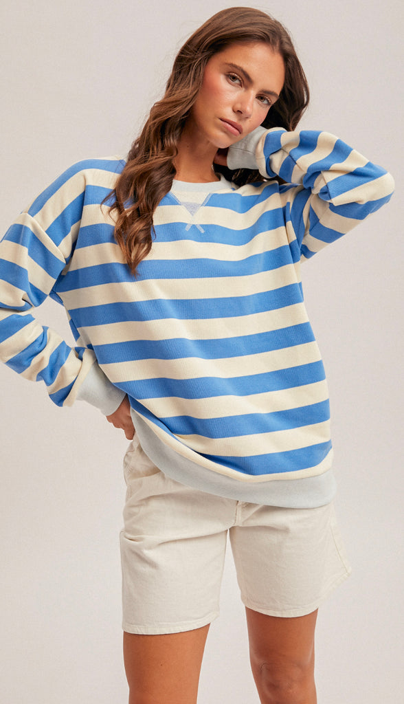 Waters So Blue Oversized Stripe Sweatshirt- Ocean Blue