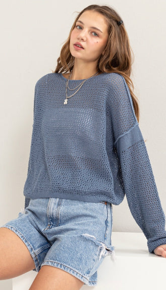 Grayson Open Knit Lightweight Sweater- Gray Blue
