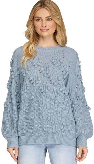 Snowy Day Pom Sweater- Misty Blue