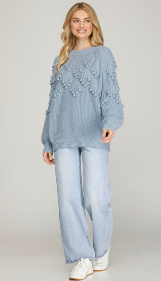 Snowy Day Pom Sweater- Misty Blue