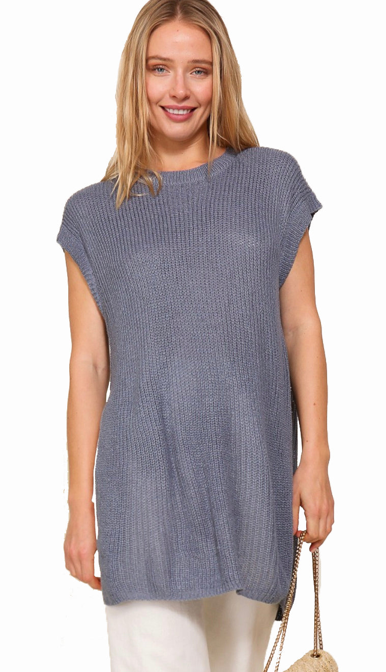Summer Chic Lightweight Side Slit Sweater- Dusty Blue