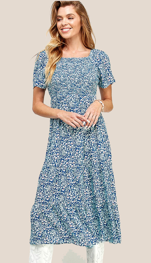Dahlia Floral Square Neck Smocked Midi Dress- Blue