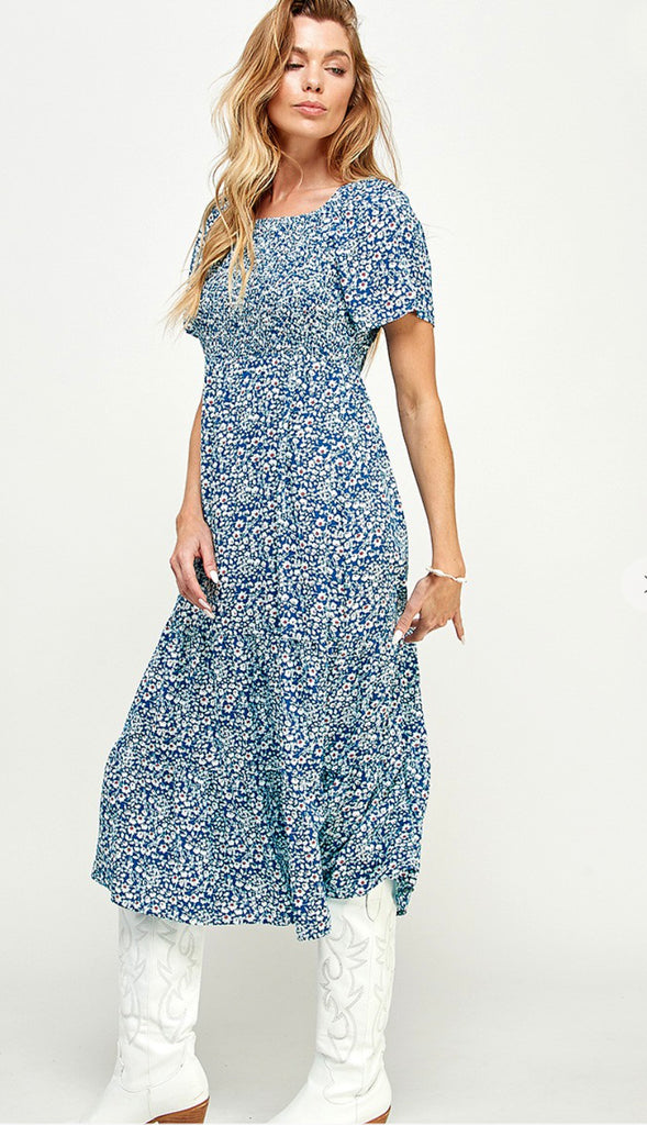 Dahlia Floral Square Neck Smocked Midi Dress- Blue