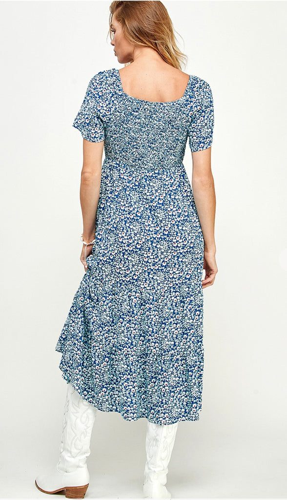 Dahlia Floral Square Neck Smocked Midi Dress- Blue