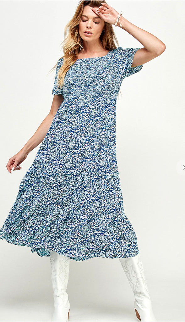 Dahlia Floral Square Neck Smocked Midi Dress- Blue