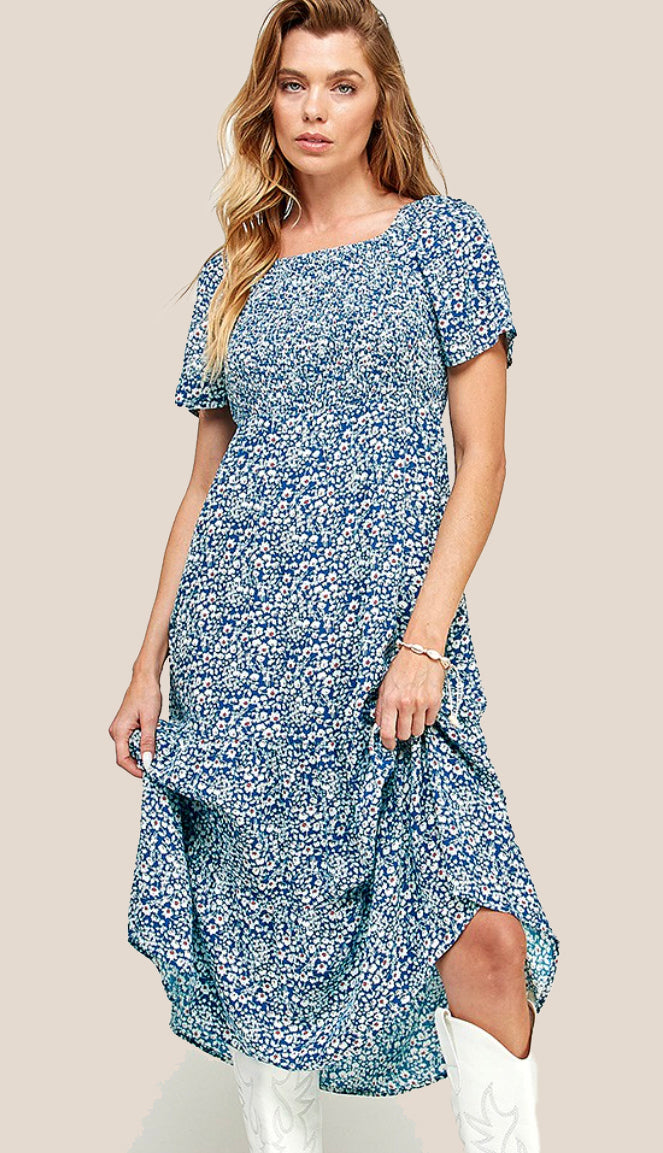 Dahlia Floral Square Neck Smocked Midi Dress- Blue Dahlia Floral Square Neck Smocked Midi Dress- Blue