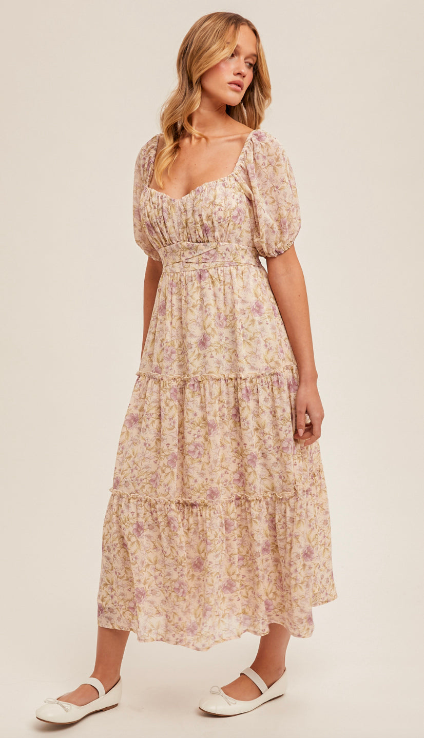 floral midi tiered dress Hillary V Neck Tiered Floral Midi Dress