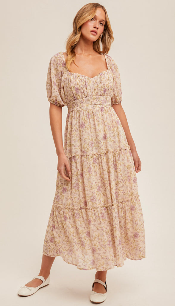 Lily Floral Midi Tiered Dress- Blush/Tan