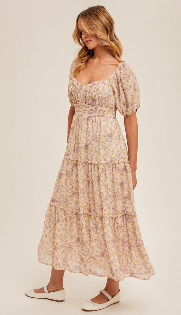 Lily Floral Midi Tiered Dress- Blush/Tan