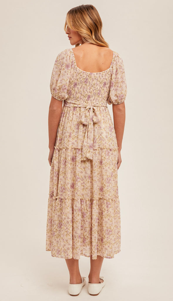 Lily Floral Midi Tiered Dress- Blush/Tan