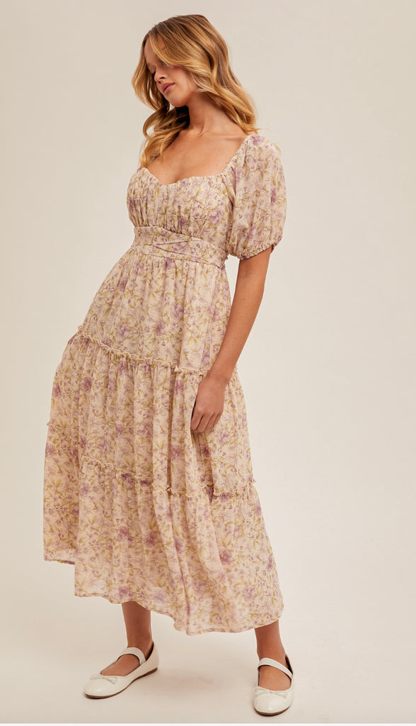 Lily Floral Midi Tiered Dress- Blush/Tan