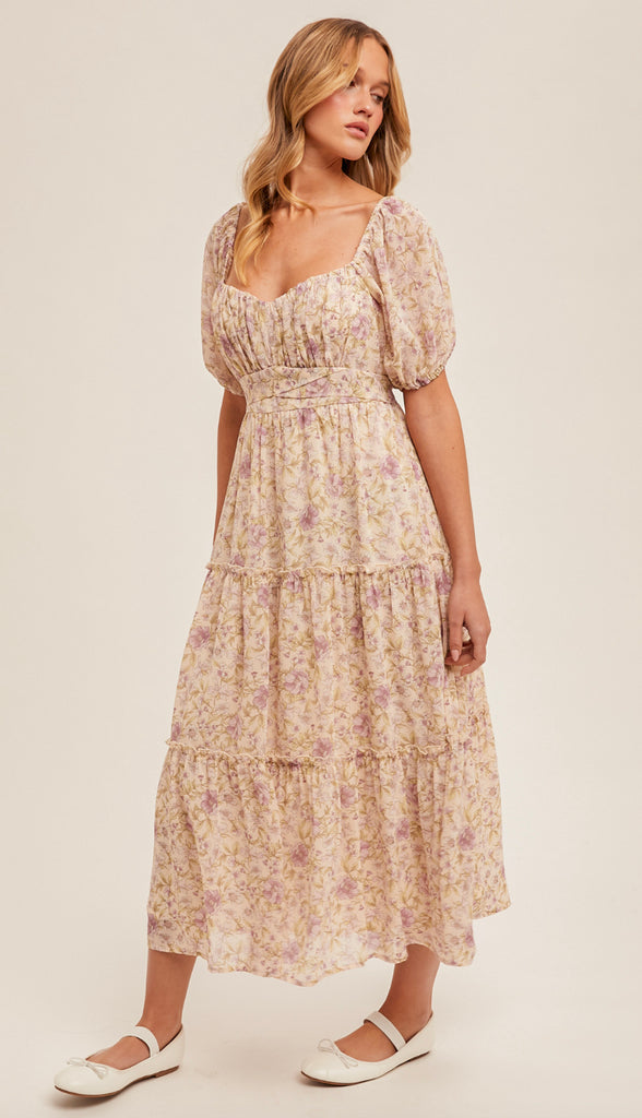 Lily Floral Midi Tiered Dress- Blush/Tan