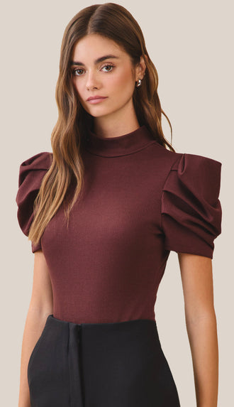 Collyns Ribbed Puff Sleeve Bodysuit- Chocolate Mauve