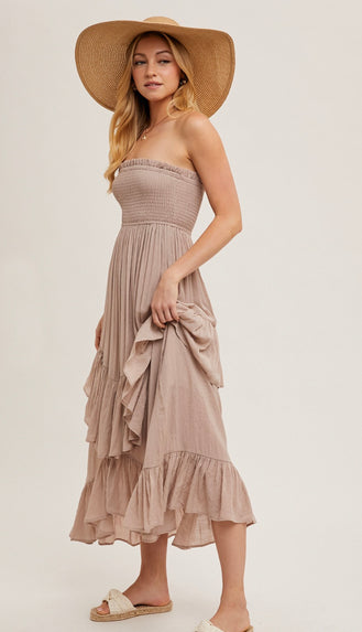 Boho Strapless Tiered Midi Dress- Birch