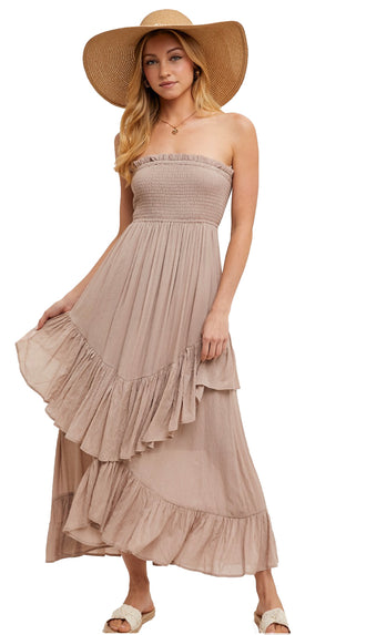 Boho Strapless Tiered Midi Dress- Birch