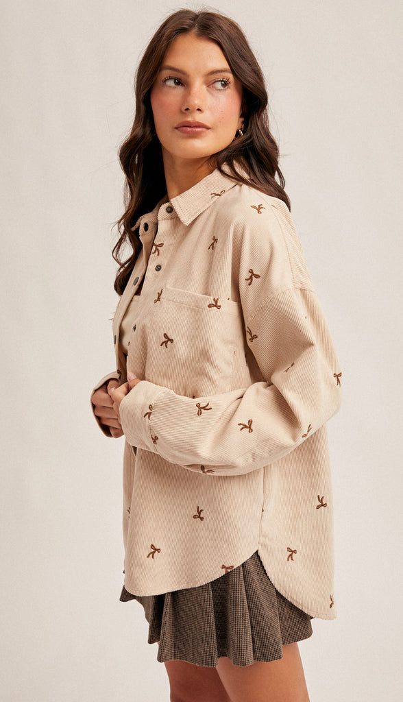 Bow Embroidery Corduroy Shirt- Ecru
