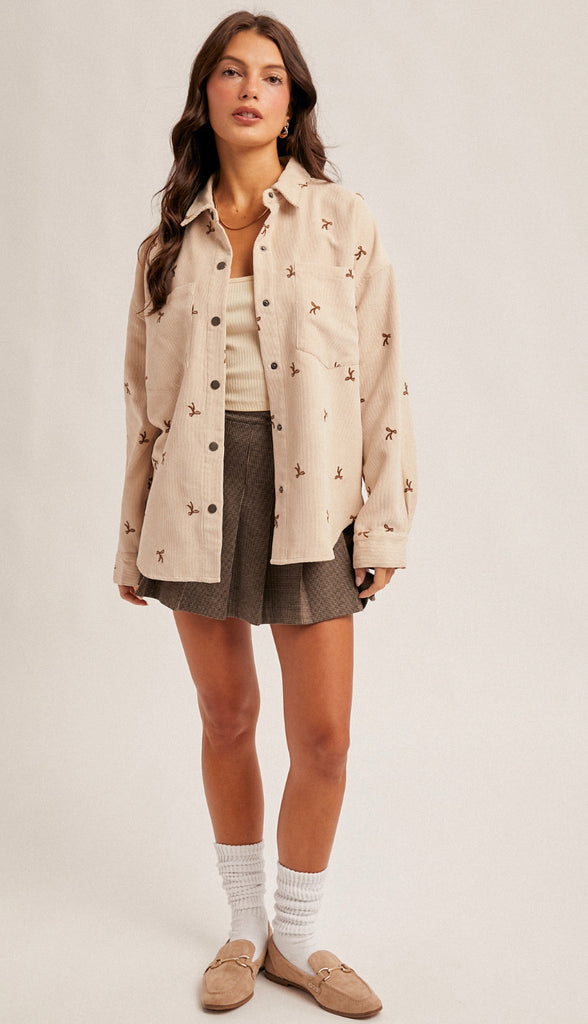 Bow Embroidery Corduroy Shirt- Ecru